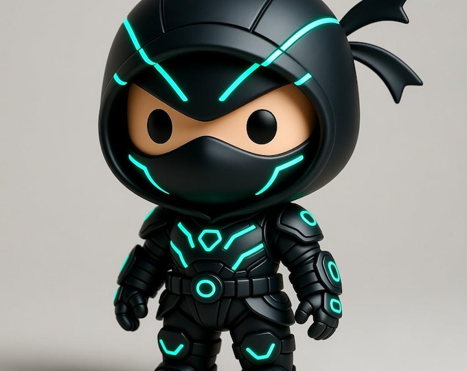 Cyber Ninja Figurine STL | 3D Printable Futuristic Chibi Ninja Model | Kawaii Cyberpunk Toy Statue