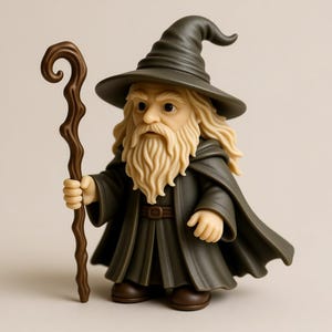 May include: A figurine of a wizard with a long, flowing beard and a pointed hat. The wizard wears a dark green robe and holds a brown staff. The figure has a detailed design and is likely a collectible item.