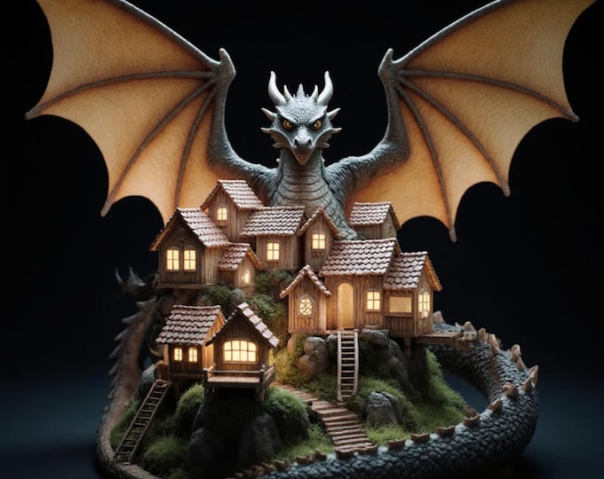 Dragon Village Diorama STL File • 3D Printable Dark Fantasy Scene (Digital Download)