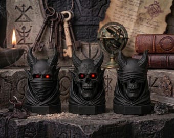 Conjunto de Busto de Crânio Demoníaco com Chifres, Decoração Gótica Sombria, Estátua de Fantasia, Impressão 3D Preta, Decoração de Prateleira, Coleção de Crânios Malignos