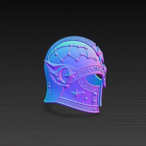 May include: A stylized, iridescent helmet design in shades of blue, purple, and teal. The helmet features star and constellation details, with a Roman numeral inscription. The design is set against a dark, textured background.