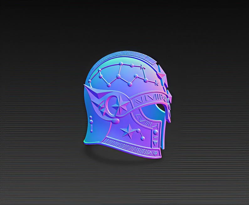 May include: A stylized, iridescent helmet design in shades of blue, purple, and teal. The helmet features star and constellation details, with a Roman numeral inscription. The design is set against a dark, textured background.