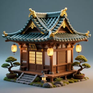 Pode incluir: Templo japonês em miniatura com telhado de telhas turquesa, detalhes dourados e lanternas de papel. A estrutura de madeira apresenta uma pequena varanda, degraus e bonsais. O templo tem um design tradicional com detalhes intrincados.