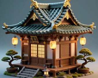 May include: Miniature Japanese temple with a teal tiled roof, gold accents, and paper lanterns. The wooden structure features a small porch, steps, and bonsai trees. The temple has a traditional design with intricate details and a serene atmosphere.