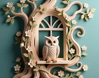 Könnte beinhalten: Eine helle Eulenfigur in einem fensterförmigen Rahmen, umgeben von einem Baum mit Blumen und Blättern. Die Eule hat große, dunkle Augen und detaillierte Federn. Der Hintergrund ist türkis.