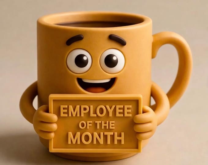 3D Printable Funny Coffee Mug STL File • Cartoon "Employee of the month" Cup (Digital Model)