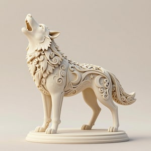 Ornate Howling Wolf Statue STL File | Moon & Stars Decor (3D Print Model)