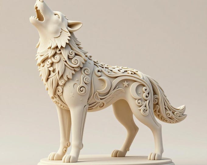 Ornate Howling Wolf Statue STL File | Moon & Stars Decor (3D Print Model)