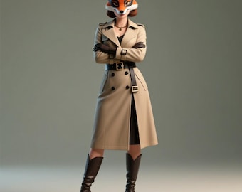 May include: A person wearing a fox mask, black gloves, and a tan trench coat with a black belt and boots. The coat is buttoned and belted at the waist. The boots are dark brown, and the background is a solid gray.
