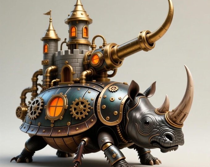 Steampunk Armored Rhino STL – Mechanical Castle Beast Model for 3D Printing, Fantasy Engineered Decor