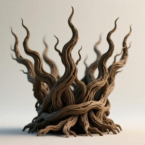 May include: A brown, sculptural tree-like object with numerous twisting branches. The branches curve upwards, creating a unique, organic form. The base is a dense network of intertwined roots.
