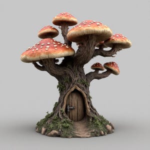 May include: A fantasy mushroom house sculpture featuring a wooden door and several red-capped mushrooms with white spots. The tree-like structure is detailed with moss and textured bark, creating a whimsical theme.
