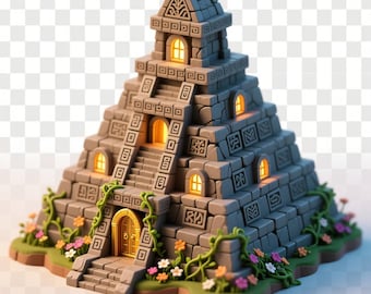 May include: A miniature gray stone pyramid with a golden door and windows that glow with warm light. The pyramid is decorated with carved details, vines, and colorful flowers, creating a whimsical, fantasy-themed structure.