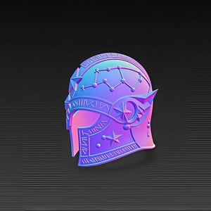 May include: A stylized, iridescent helmet in shades of purple, blue, and pink. The helmet features star and constellation designs, along with geometric patterns. The design is rendered with a 3D effect, giving it a textured appearance.