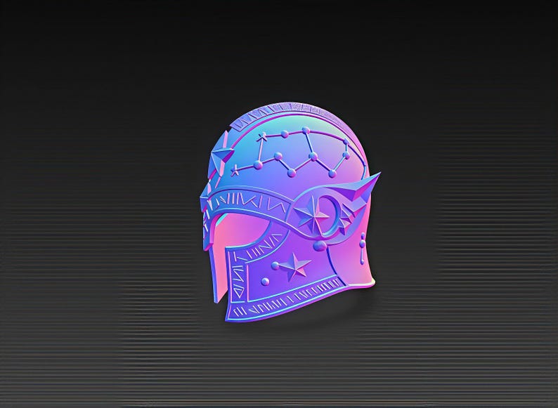 May include: A stylized, iridescent helmet in shades of purple, blue, and pink. The helmet features star and constellation designs, along with geometric patterns. The design is rendered with a 3D effect, giving it a textured appearance.