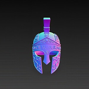 May include: A stylized, gradient-colored pendant in the shape of a Roman helmet. The helmet features intricate detailing, including decorative patterns and a band with etched text. The color transitions from blue to pink.