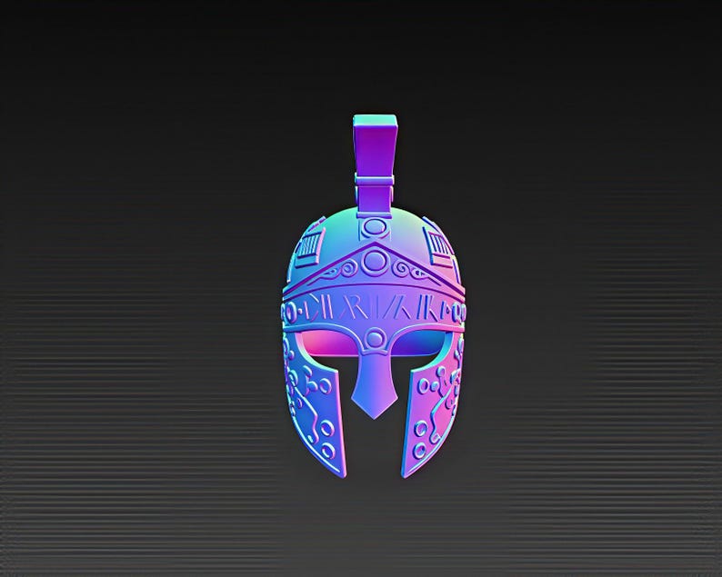 May include: A stylized, gradient-colored pendant in the shape of a Roman helmet. The helmet features intricate detailing, including decorative patterns and a band with etched text. The color transitions from blue to pink.