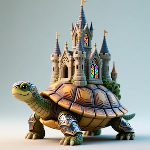 May include: A whimsical sculpture of a turtle carrying a castle on its back. The turtle has a green head and feet, a yellow and brown shell, and wears armor. The castle features multiple towers with stained glass windows and gold accents.