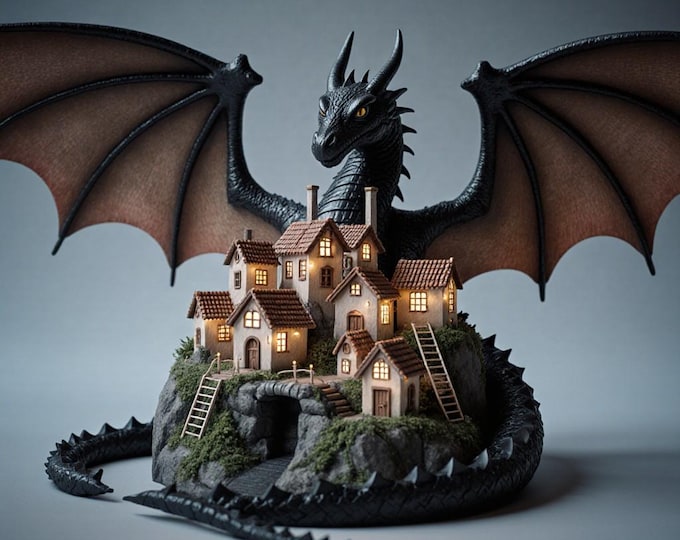 Dragon Village Diorama STL: 3D Printable Fantasy Model