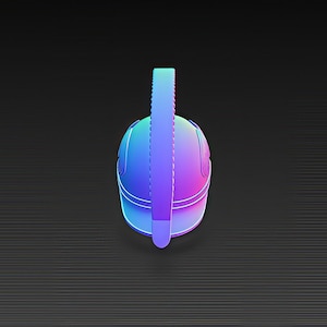 May include: A vibrant, iridescent hard hat with a matching vertical support. The hat is primarily blue and purple, with white accents. The background is a dark gray with horizontal lines.