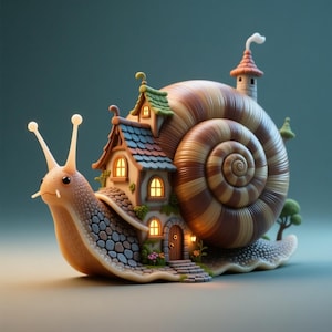 Könnte beinhalten: Eine skurrile Skulptur einer Schnecke mit einem Haus auf dem Rücken. Das Schneckenhaus ist eine Spirale aus Braun und Beige, und das Haus hat einen kleinen Turm mit einem rauchenden Schornstein. Der Körper der Schnecke ist hellpfirsichfarben.
