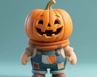 Può includere: Una stravagante figura di Halloween con una testa di zucca arancione scolpita, che indossa una sciarpa e una tuta di jeans con toppe. La figura ha braccia color camoscio e stivali marroni, su uno sfondo turchese. Un design allegro e festoso.