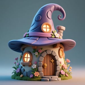 Op de afbeelding: Een grillig, cartoonachtig huis met een grote paarse heksenhoed als dak. Het ronde huis heeft een houten deur, kleine ramen en is versierd met bloemen. Het staat op een bed van groen gras.
