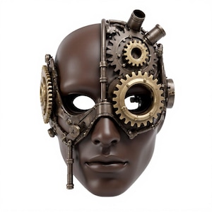 May include: A brown mask with steampunk-style metal gears and pipes attached. The gears are in shades of gold and bronze, and the mask covers the eyes and nose. The mask has a smooth, matte finish and is set against a white background.