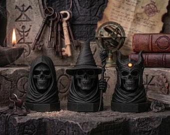Conjunto de Busto de Crânio de Mago Negro, Decoração Gótica, Estátua Fantasia, Impressão 3D Preta, Decoração de Prateleira, Coleção de Crânios de Feiticeiro