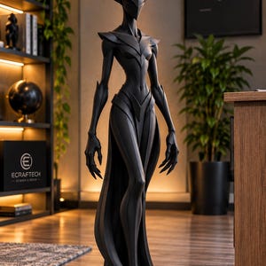 May include: A tall, matte black humanoid figurine with a slender, angular build and a crescent-shaped headpiece. The figure features sharp, geometric armour plating on the torso and shoulders, long pointed fingers, and a flowing, layered skirt.