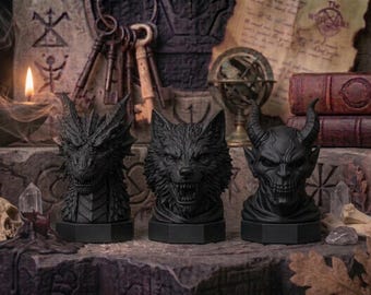 Conjunto de bustos de dragão, lobo e demônio, criatura de fantasia sombria, decoração gótica, estátua preta impressa em 3D para prateleira.