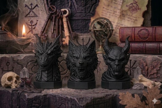 Dragon Wolf Demon Bust Set Dark Fantasy Creature Decor Gothic Statue Black 3D Printed Shelf Decor