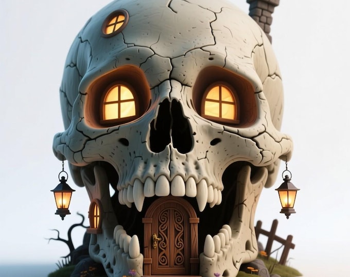 Skull House 3D Print Model: Halloween Gothic Home Decor (STL File)