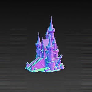 K&ouml;nnte beinhalten: Ein 3D-gedrucktes Schloss in Lila-, Blau- und Rosat&ouml;nen. Das Schloss verf&uuml;gt &uuml;ber mehrere T&uuml;rme, eine Treppe und dekorative Elemente. Das Design ist vor einem dunkelgrauen Hintergrund platziert.