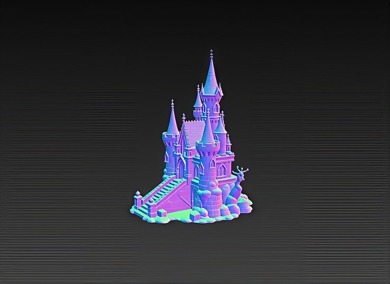 K&ouml;nnte beinhalten: Ein 3D-gedrucktes Schloss in Lila-, Blau- und Rosat&ouml;nen. Das Schloss verf&uuml;gt &uuml;ber mehrere T&uuml;rme, eine Treppe und dekorative Elemente. Das Design ist vor einem dunkelgrauen Hintergrund platziert.