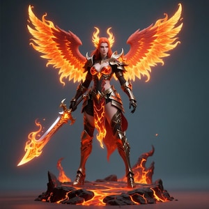 Könnte beinhalten: Eine Kriegerfigur mit feurigen Flügeln, Rüstung und einem Flammenschwert steht auf einer lavaartigen Oberfläche. Die Figur hat rotes Haar und ist in goldener und schwarzer Rüstung mit orangefarbenen Flammenakzenten gekleidet. Die Flügel sind groß und leuchtend orange.
