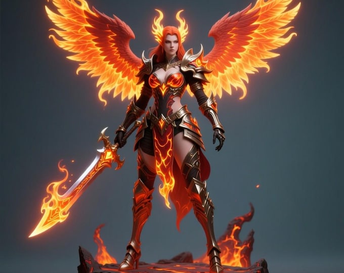 Fire Angel Warrior STL • Flame Winged Female Fighter • 3D Printable Fantasy Hero Statue