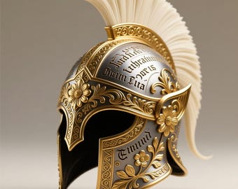 Puede incluir: Un casco detallado en plata y oro con detalles florales y una pluma blanca. El casco presenta texto grabado y diseños intrincados. La estética general recuerda a una armadura antigua.