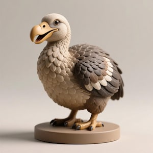 Pode incluir: Estatueta detalhada de um pássaro dodô, com cabeça e bico bege, corpo castanho claro e penas castanho escuro e brancas. A ave está sobre uma base circular castanha, mostrando um design caprichoso e detalhado.