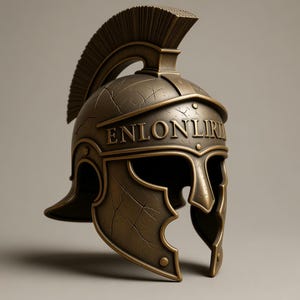 Könnte beinhalten: Bronzefarbener römischer Helm mit einem markanten Kamm und der Inschrift "ENLONLIRI". Der Helm weist detaillierte Handwerkskunst auf, einschließlich Rissen und einem stilisierten Gesichtsschutz.