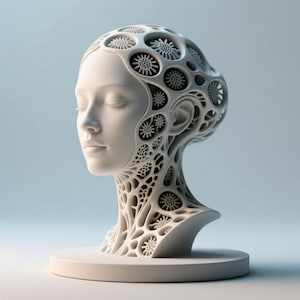 Puede incluir: Escultura blanca de una cabeza humana con los ojos cerrados, con intrincados patrones calados en la cabeza y el cuello. La cabeza descansa sobre una base circular, con un fondo suave y neutro.
