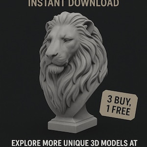 K&ouml;nnte beinhalten: Werbung f&uuml;r eine digitale STL-Datei mit einer detaillierten grauen L&ouml;wenb&uuml;ste auf schwarzem Hintergrund. Der Text enth&auml;lt "DIGITAL STL FILE", "INSTANT DOWNLOAD" und "3 BUY, 1 FREE". Die Website "ECRAFTECH" wird ebenfalls angezeigt.