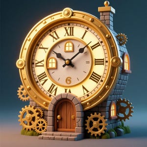 May include: A whimsical clock shaped like a house, featuring a large gold-colored clock face with Roman numerals. The house is made of gray stone with a wooden door, small windows, and decorative gears. A chimney sits atop the roof.
