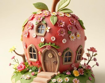 May include: A whimsical, red apple-shaped fairy house with a brown stem and green leaves. The house features arched windows, a wooden door, and is adorned with pink, white, and yellow flowers. It sits on a green, grassy base.