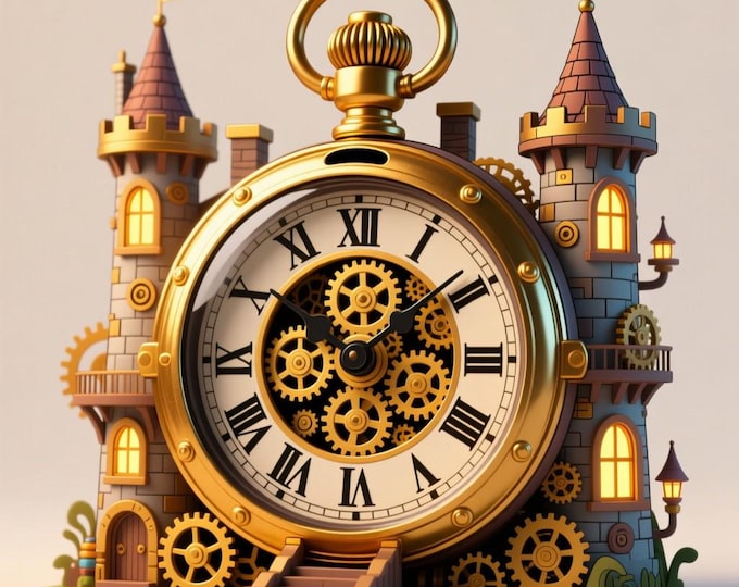 Steampunk Castle Clock STL • Fantasy Gear Clock Tower • 3D Printable Decorative Model