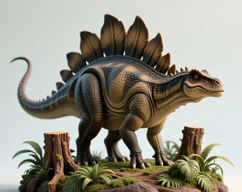 May include: A detailed figurine of a Stegosaurus dinosaur, featuring a brown and tan color scheme. The dinosaur has large plates along its back and is posed on a small diorama with greenery and tree stumps. The overall design is realistic.