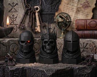 Conjunto de busto de rei caveira cibernética, capacete de cavaleiro medieval, decoração gótica, estátua preta de fantasia sombria, decoração de prateleira impressa em 3D.