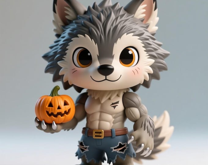 Chibi Werewolf with Pumpkin STL File: 3D Printable Halloween Figurine (Digital Download)