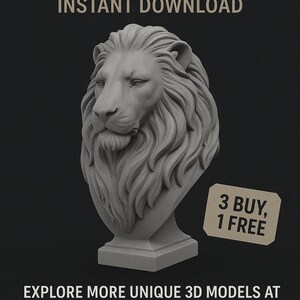 May include: A digital STL file advertisement featuring a detailed gray lion bust on a black background. Text includes "DIGITAL STL FILE" and "INSTANT DOWNLOAD." A promotional offer of "3 BUY, 1 FREE" is also displayed. The website address is ecraftech.
