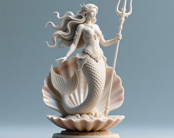 Può includere: Statua di sirena bianca con capelli fluenti e un tridente, in piedi in una conchiglia. La statua è su una base decorativa con intagli intricati. La coda della sirena è dettagliata con squame.